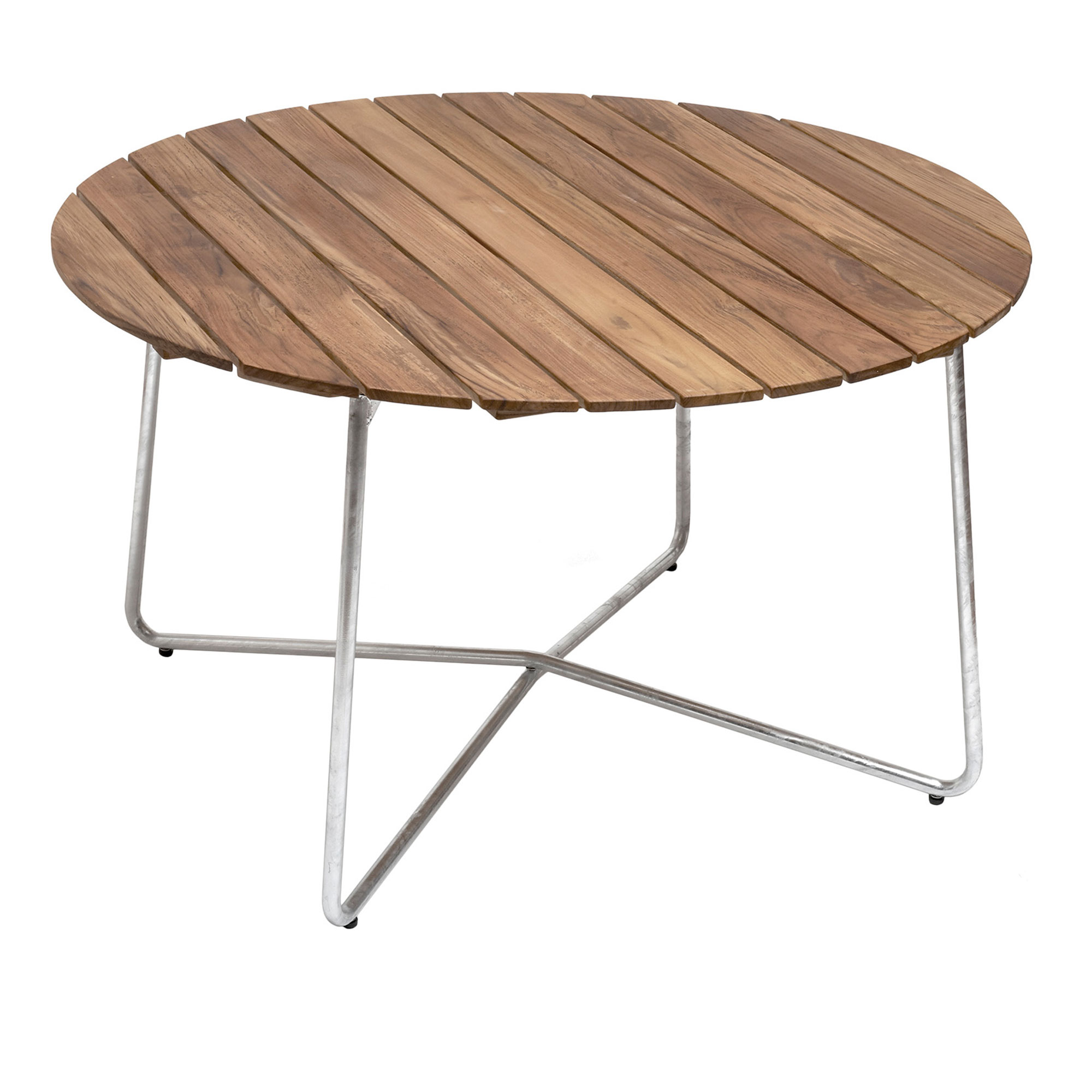 Grythyttan Stålmöbler - Bord 9A Ø120 cm Obehandlad teak / Varmförzinkat stativ - Matbord utomhus - Träfärgad - Metall/Trä | Utemöbler - Utebord - Matbord Utomhus | Möbelexperten