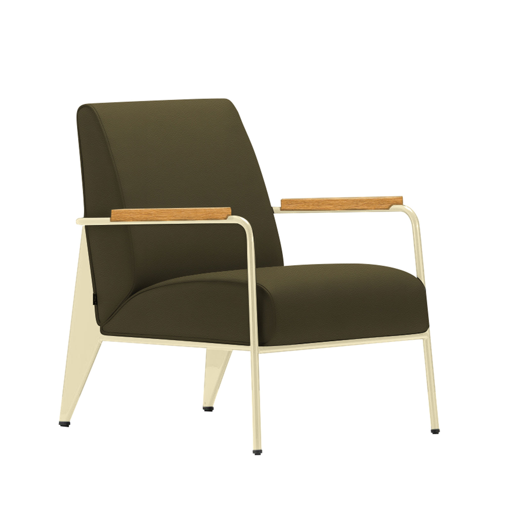 Vitra - Fauteuil de Salon, Base Ecru,, Natural Oak, Leather Premium Cat. L40 Col. 58 Khaki - Fåtöljer - Jean Prouvé - Grön - Metall/Trä/Skum