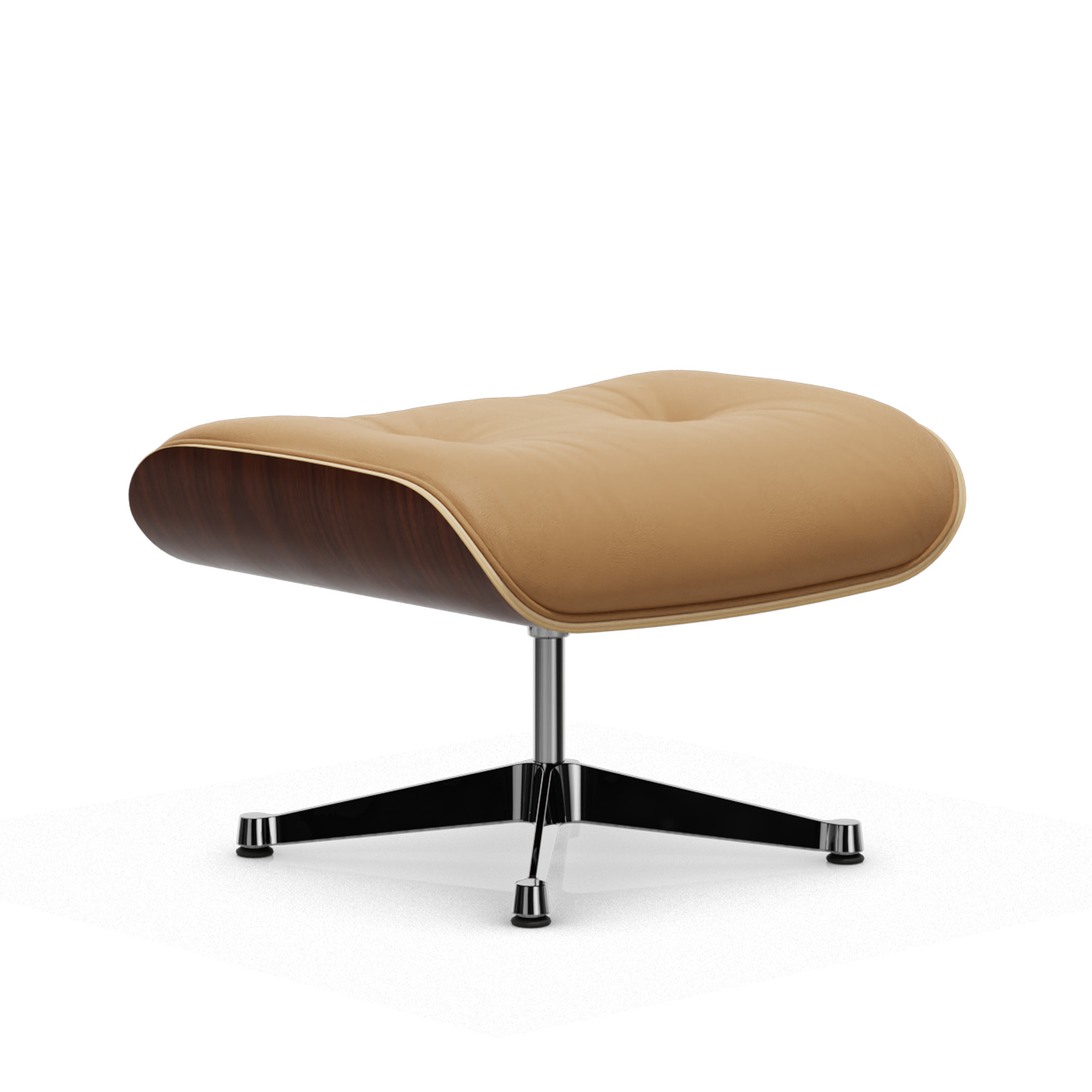 vitra - eames lounge ottoman dark walnut leather natural caramel 01 polished aluminium - fotpallar - charles & ray eames - läder/metall/trä