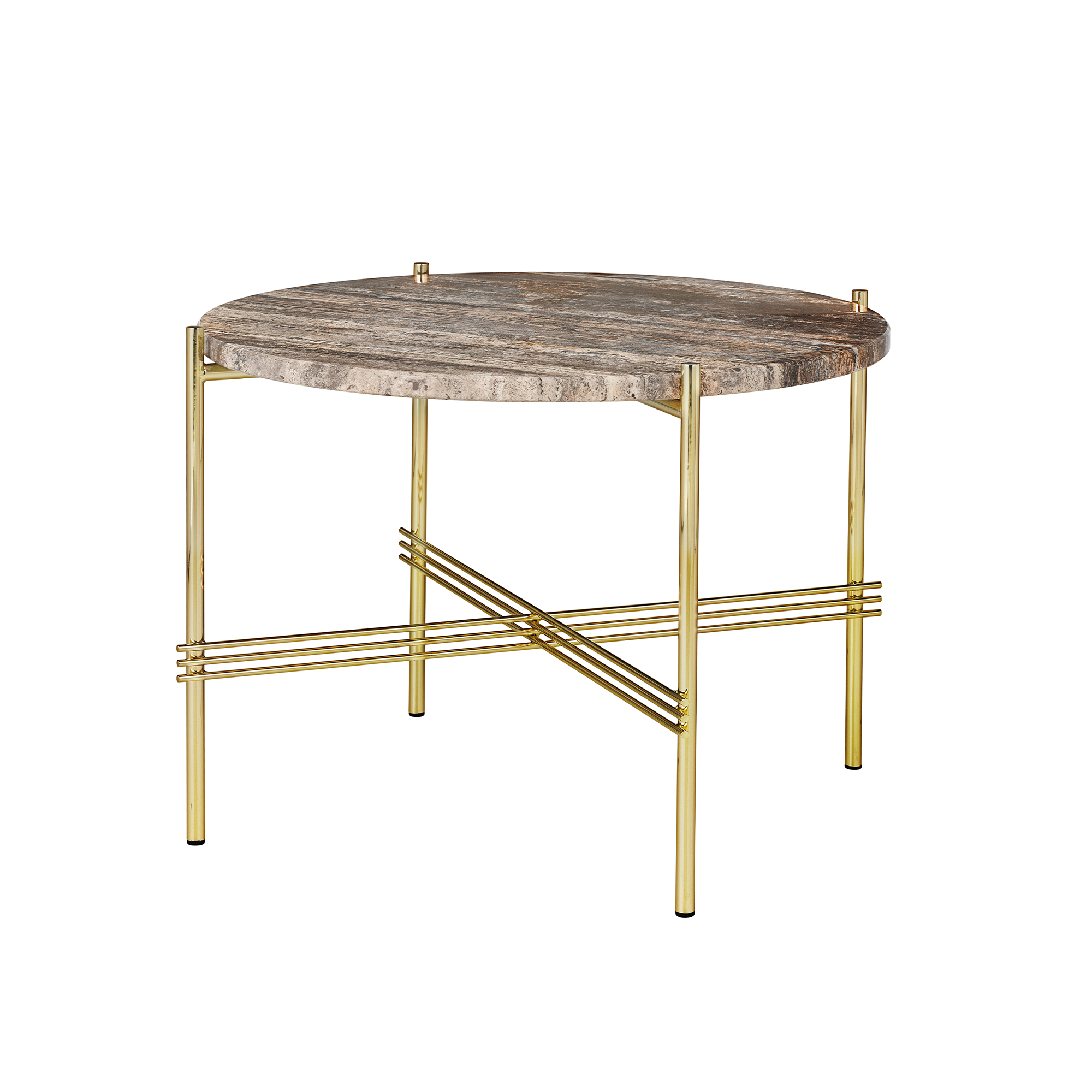 Gubi - TS Travertine Coffee Table Ø 55, Base Brass, Top Grey Travertine - Soffbord - GamFratesi - Grå - Metall/Sten