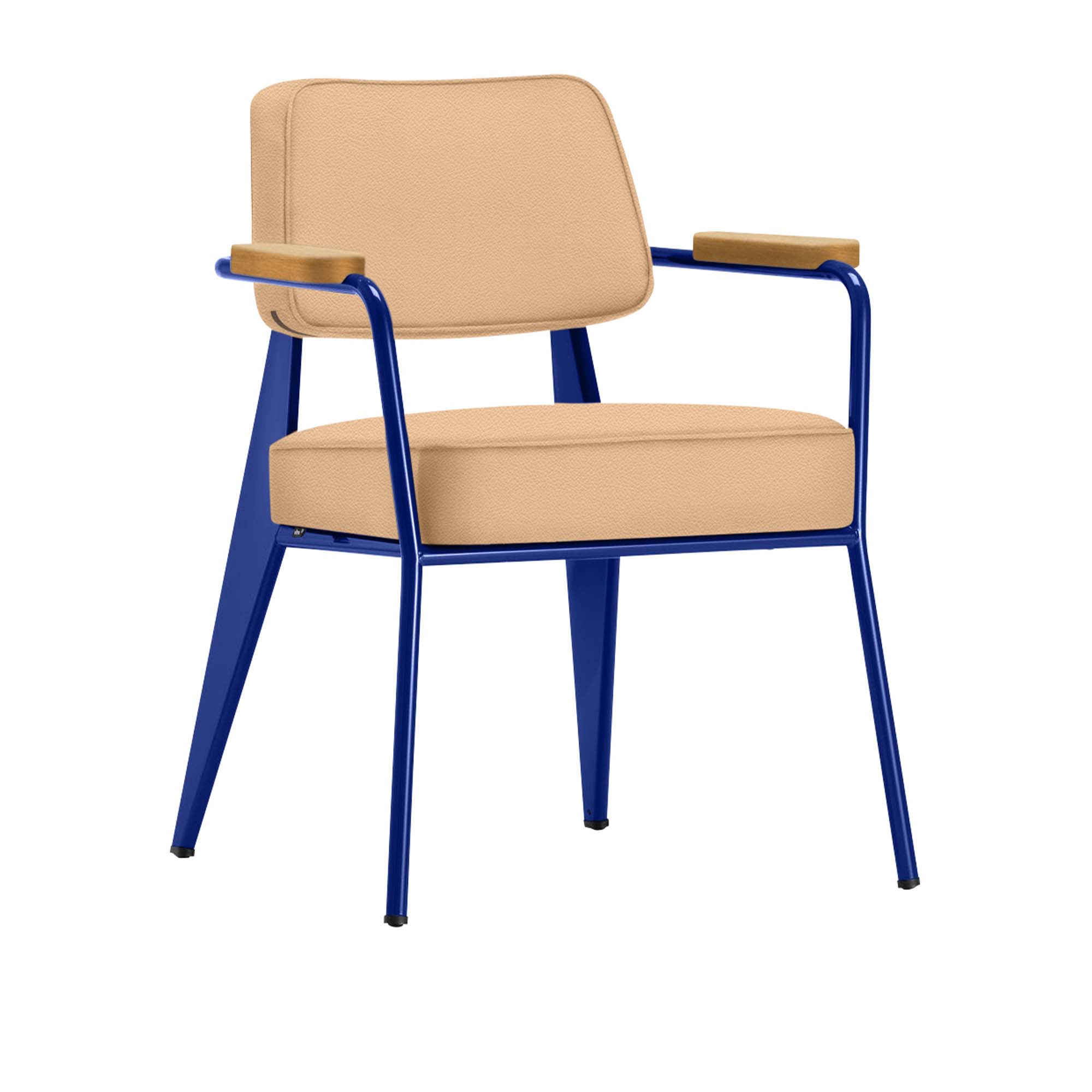 Vitra - Fauteuil Direction, Natural Oak, Prouvé Bleu MarcouleLeather Premium Cat. L40 Col. 63 Cashew - Matstolar - Jean Prouvé - Beige - Läder/Metall/Trä/Skum