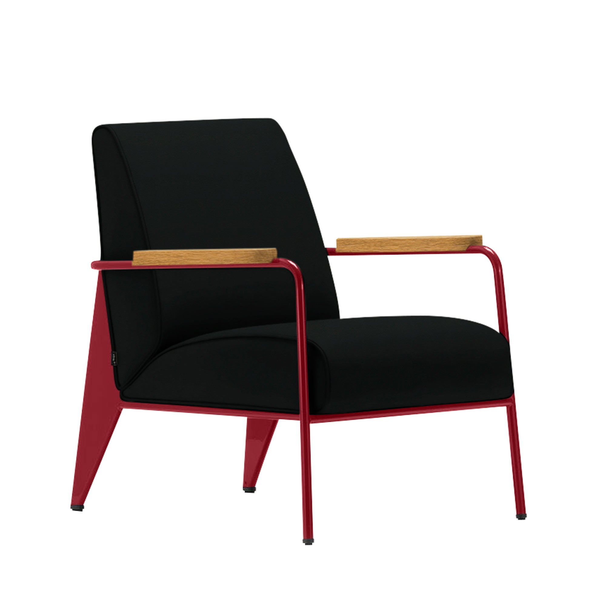 Vitra - Fauteuil de Salon, Base Japanese Red, Natural Oak, Leather Premium Cat. L40 Col. 66 Nero - Fåtöljer - Jean Prouvé - Svart - Metall/Trä/Skum