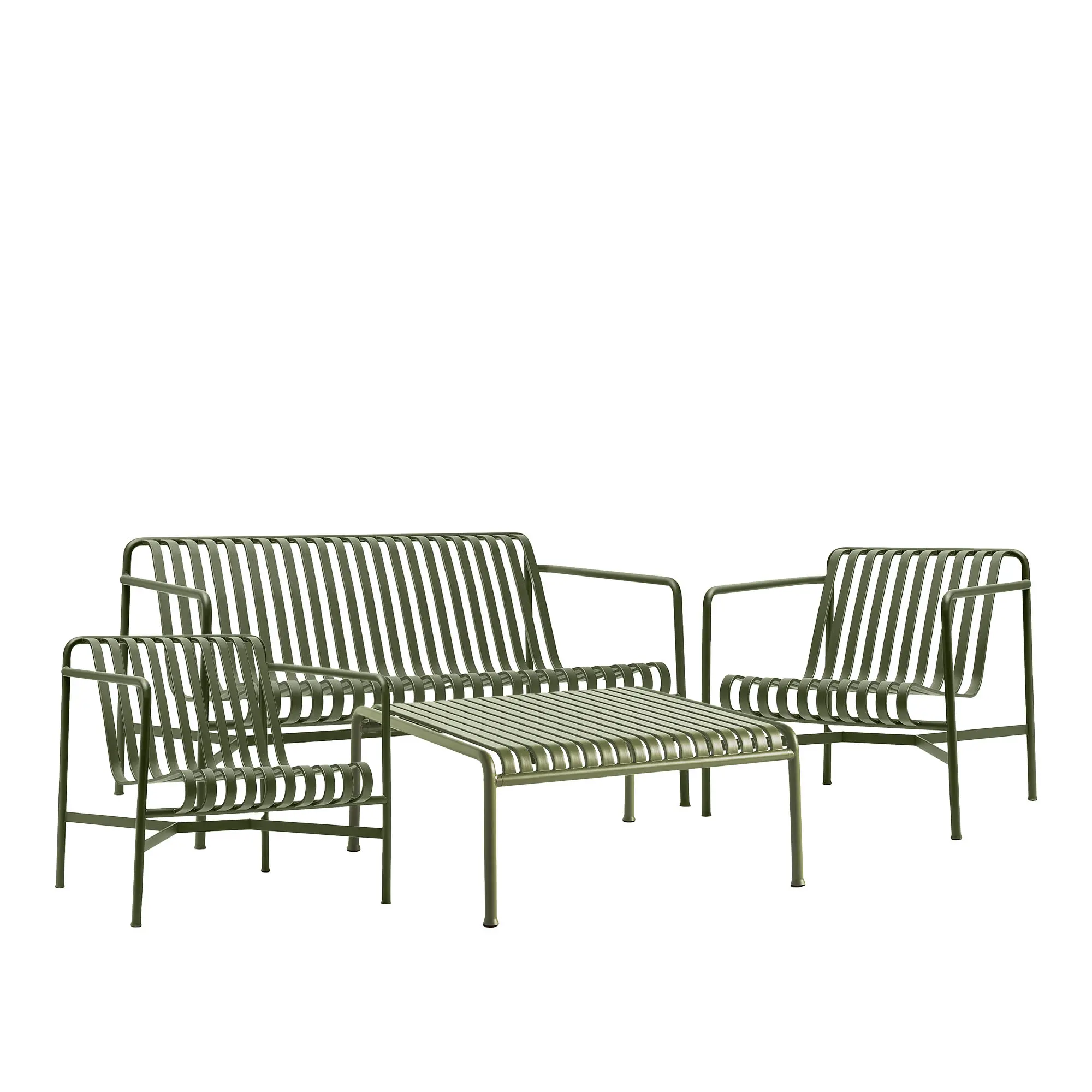 Palissade loungegruppe med loungesofa, 2 loungestoler & lavt tredgårdsbord