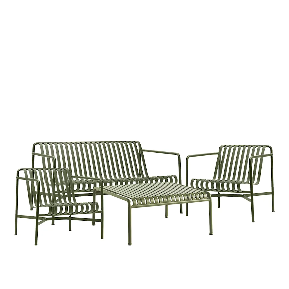 Palissade loungegrupp med loungesoffa, 2 loungestolar & lågt trädgårdsbord