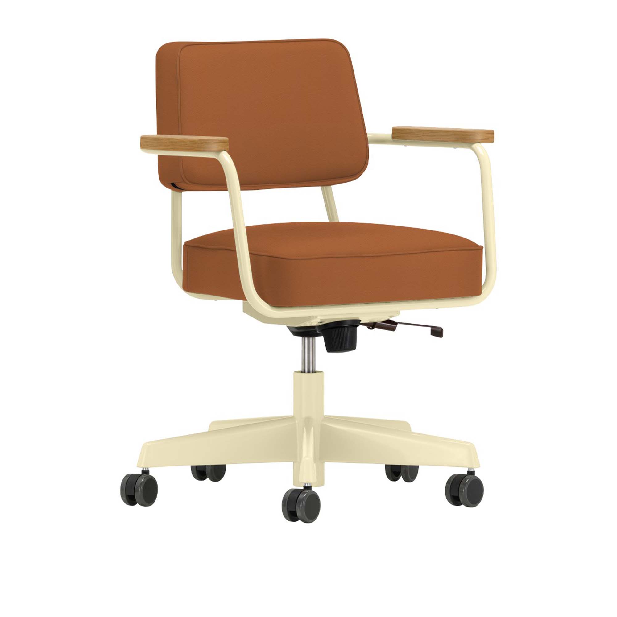 Vitra - Fauteuil Direction Pivotant, Base Ecru, Natural Oak, Leather Premium Cat. L40 Col. 97 Cognac - Skrivbordsstolar - Jean Prouvé - Brun