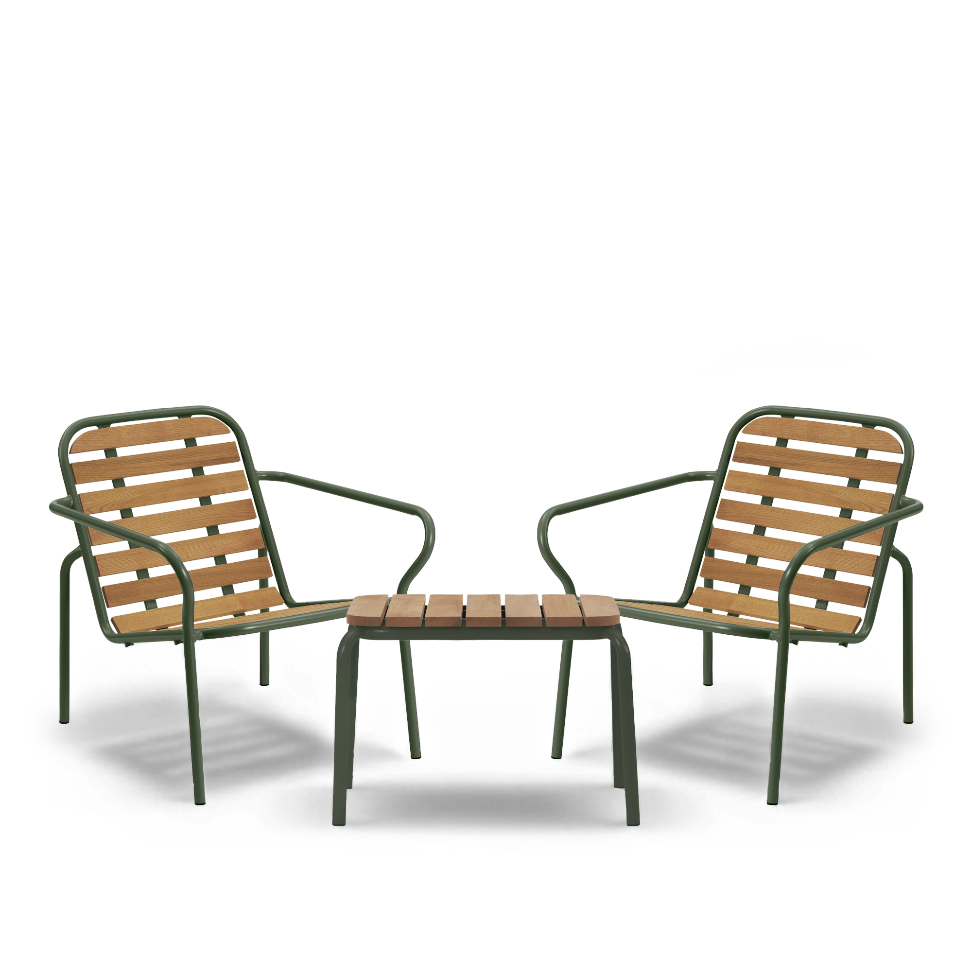 Normann Copenhagen - Vig Robinia utomhusbord 55 x 45 cm & Vig Robinia utomhusf&aring;t&ouml;lj 2 st &ndash;&nbsp;Dark Green - Loungegrupper utomhus - Simon Legald - Metall/Tr&auml;