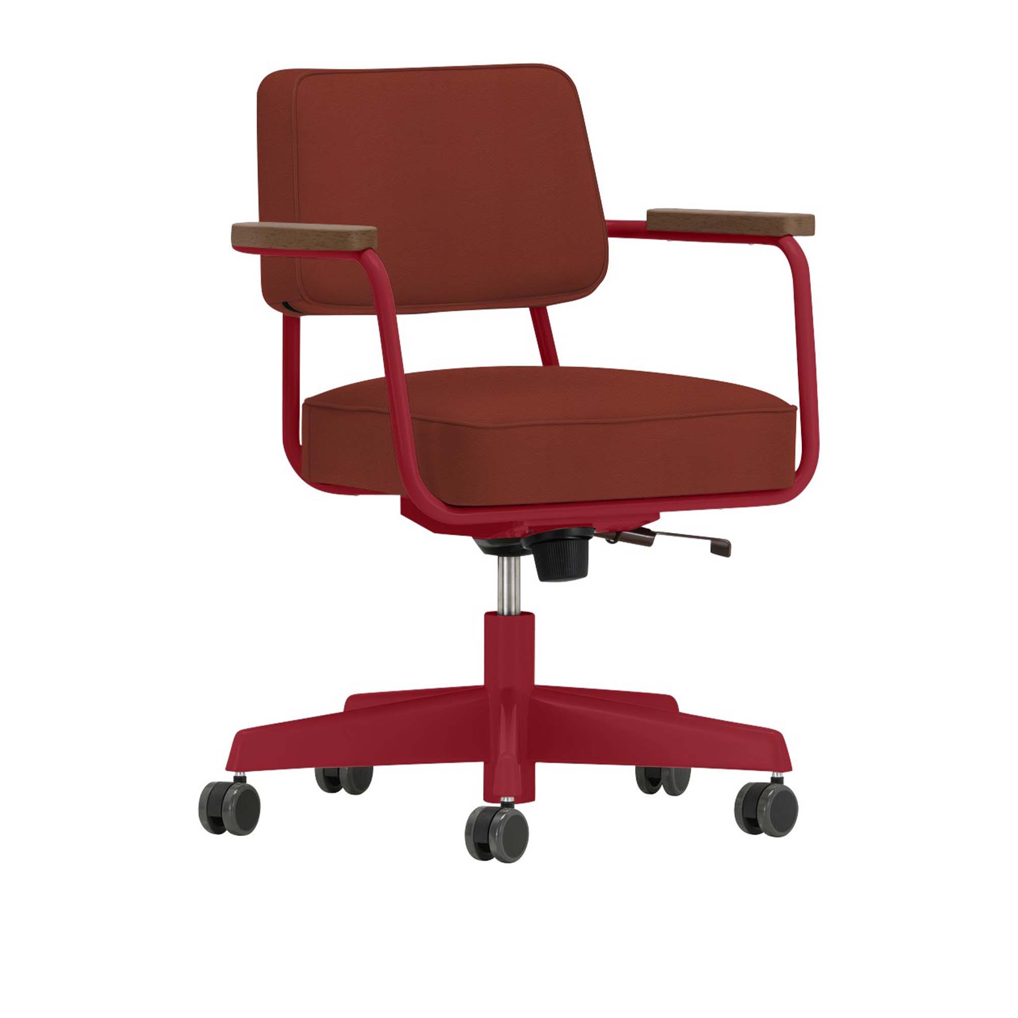 Vitra - Fauteuil Direction Pivotant, Walnut, Base Japanese Red, Leather Premium Cat. L40 Col. 93 Brandy - Skrivbordsstolar - Jean Prouvé - Brun